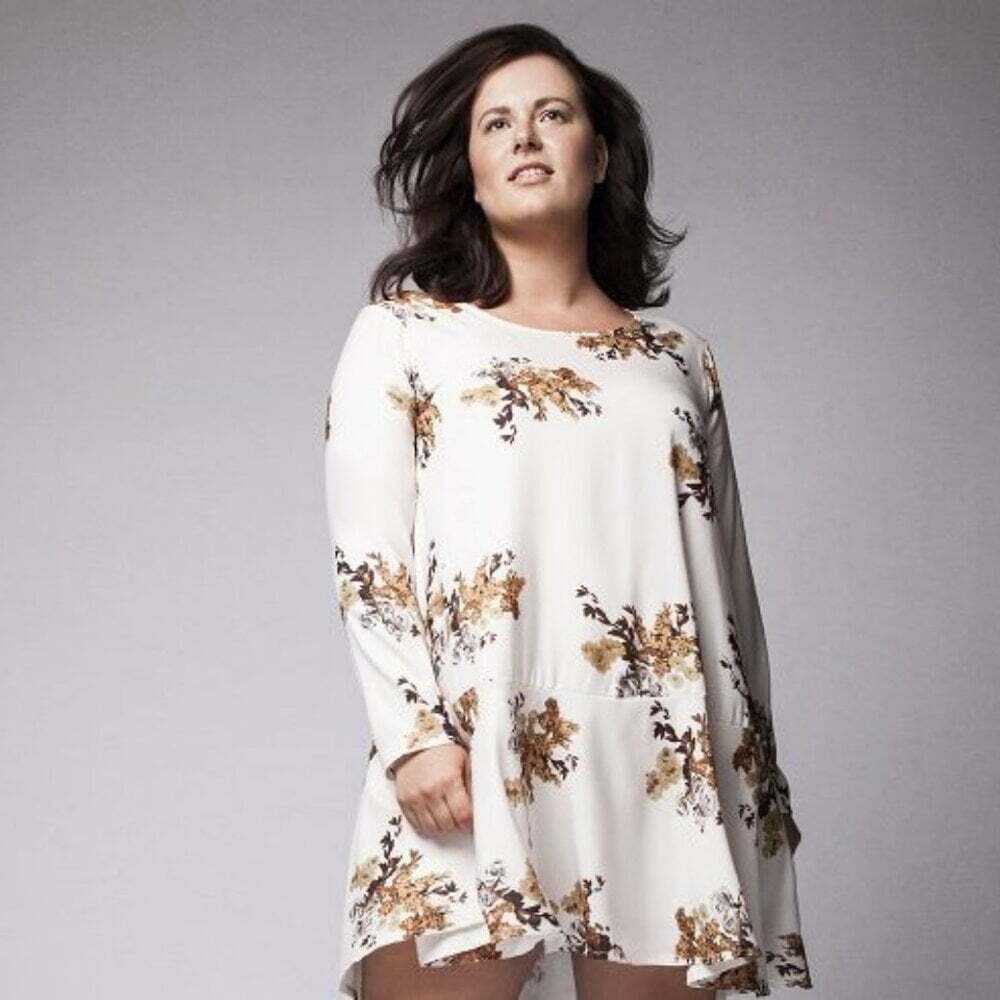 California Moonrise Ivory Brown Floral Swing Dress NWT Long Sleeve Ruffle Hem L